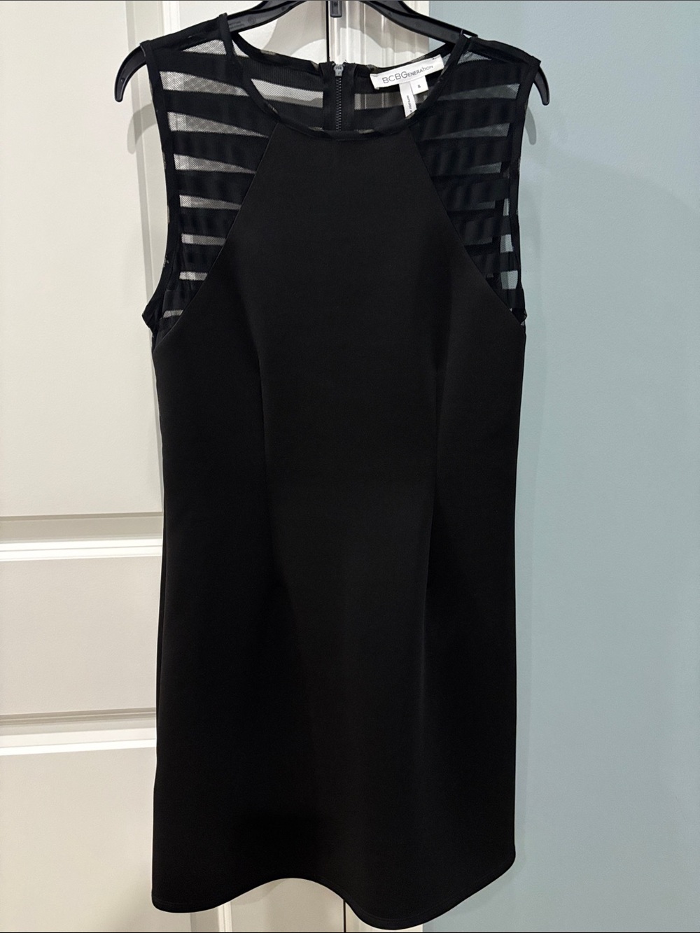 BCBGeneration Black Mini Dress with Sheer Striped Yoke